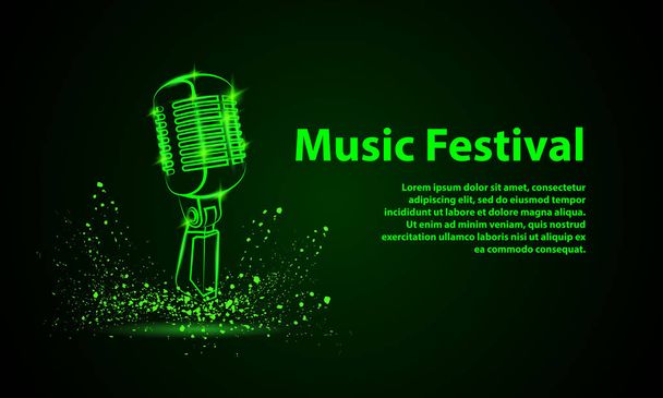 Muziek festival achtergrond voor flyer, banner, billboard. Groene neon microfoon illustratie op een zwarte achtergrond. Muziek groep voorbladsjabloon schijf. - Vector, afbeelding