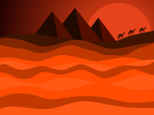 ägyptische Pyramiden des alten Ägyptens. Wüstenlandschaft mit einer Karawane von Kamelen im Hintergrund der Sonne. Vektorillustration - Vektor, Bild