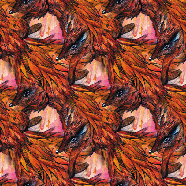 Seamless pattern with Watercolor fox. Hand-drawn illustration with animal. - Photo, image