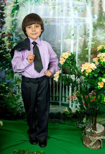 Cute boy in business suit and purple shirt around flowering shru - Photo, Image