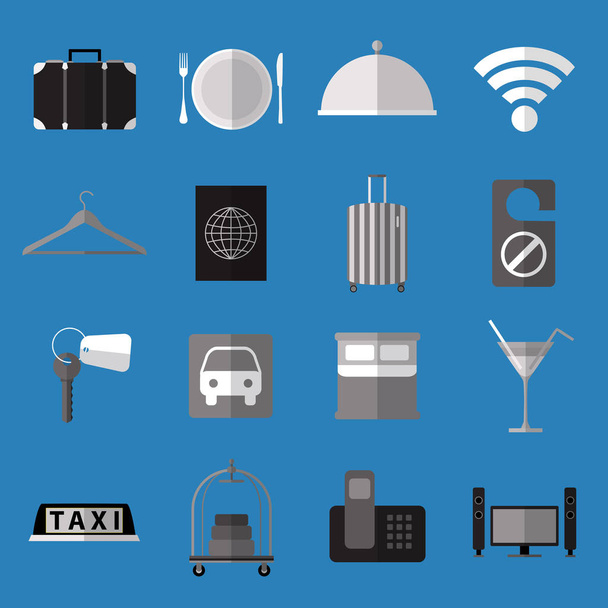 Set aus einfachen monochromen Hotelsymbolen flache Symbole auf blauem Hintergrund - Vektor, Bild