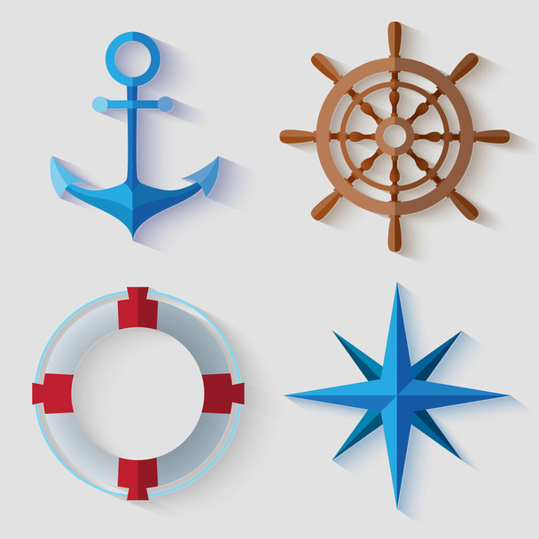 Set of nautical flat symbols with shadows on light grey backgrou - Wektor, obraz