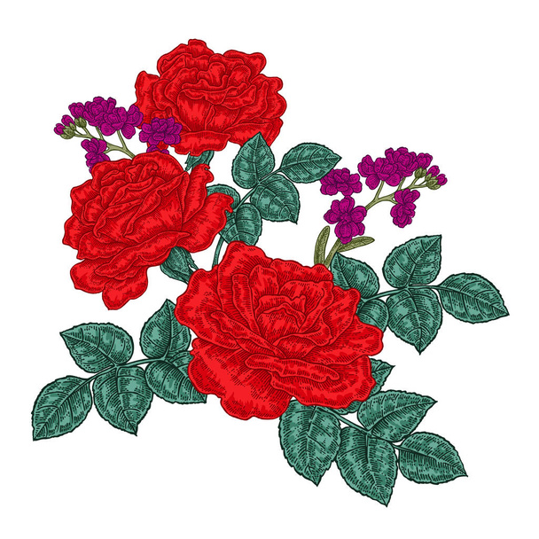 Κόκκινα τριαντάφυλλα και τα άγρια λουλούδια και φύλλα σε στυλ vintage. Χέρι που βοτανικό διανυσματικά εικονογράφηση. Στοιχεία floral σχέδιο - Διάνυσμα, εικόνα