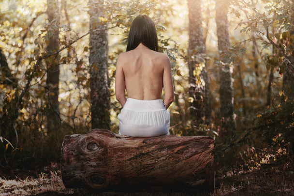 Donna con la schiena nuda seduta sul campo
 - Foto, immagini