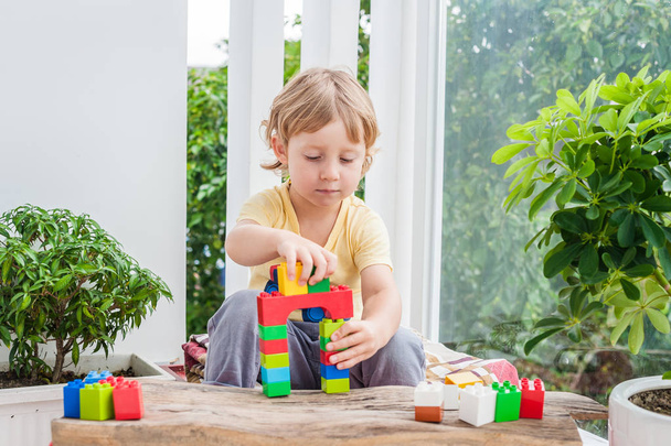 boy with colorful plastic blocks - Photo, Image