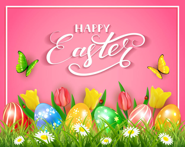 Easter eggs with butterflies and tulips on pink background - Vector, imagen