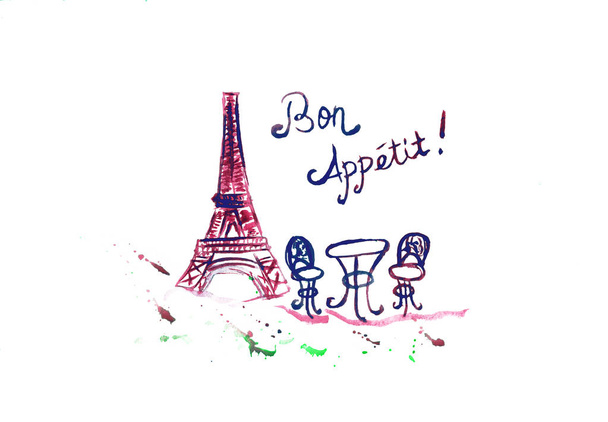Bon appetit ručně nakreslený nápis se Eiffelovu věž a resta - Fotografie, Obrázek