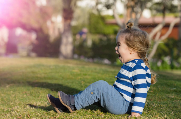 Nadšený roztomilý chlapeček hraje na zelené trávě - Fotografie, Obrázek