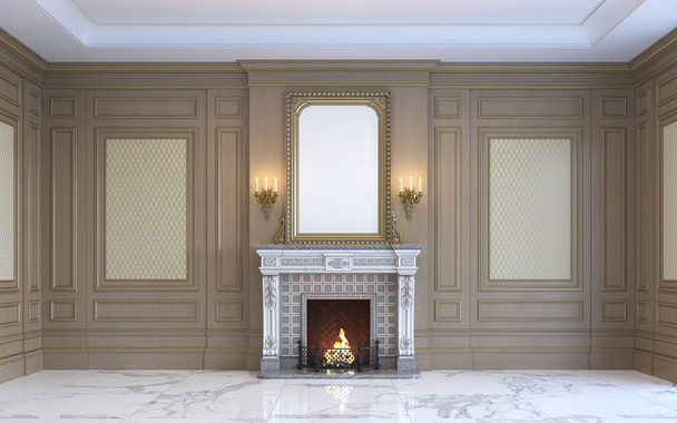 A classic interior with wood paneling and fireplace. 3d rendering. - Photo, Image