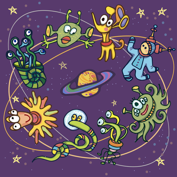 ilustración del cosmos con un montón de extraterrestres
 - Vector, Imagen