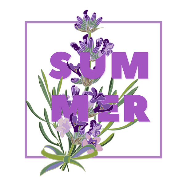 Sommer floralen Hintergrund mit schönen Lavendelblüten auf weißem Hintergrund. mehrfarbige Typografie-Grußkarte - Vektor, Bild
