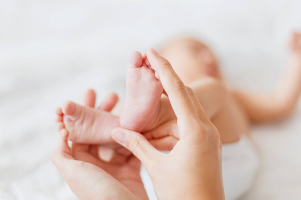 Mother holds newborn baby's bare feet. Tiny feet in woman's hand. Cozy morning at home. - Foto, afbeelding