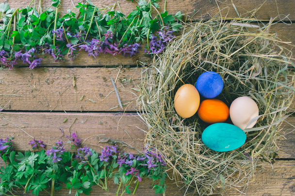 Multi-colored Easter eggs on a wooden background in the nest. - Foto, afbeelding