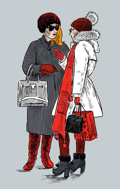 conversation of fashionable townswomen - Vector, Image