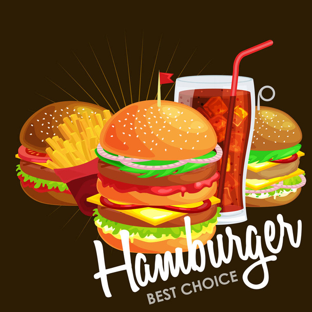 Set of tasty burgers grilled beef and fresh vegetables dressed with sauce bun for snack, american hamburger fast food meal French fries with cold soda brown ice drink vecor illustration background - Vector, Image