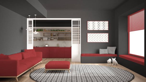 Sala de estar minimalista con sofá, alfombra redonda grande y cocina i
 - Foto, imagen