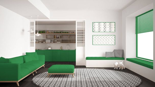 Мінімалістична вітальня з диваном, великим круглим килимом і кухнею
 - Фото, зображення