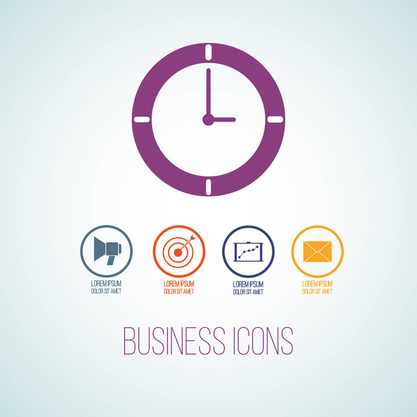 Vektor-Business-Ikone in Form einer Uhr. Symbolsatz für Geschäftsberichte, Diagramme, Präsentationen, Workflow-Layout, Banner, Zahlenoptionen, Step-Up-Optionen, Webdesign mit Symbolen und Platz für Text - Vektor, Bild