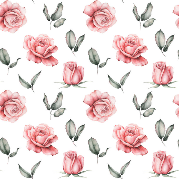 Seamless watercolor pattern with flowers and leaves isolated on white background - Foto, immagini