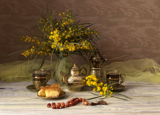 Νεκρή φύση με mimosa και καφές - Φωτογραφία, εικόνα