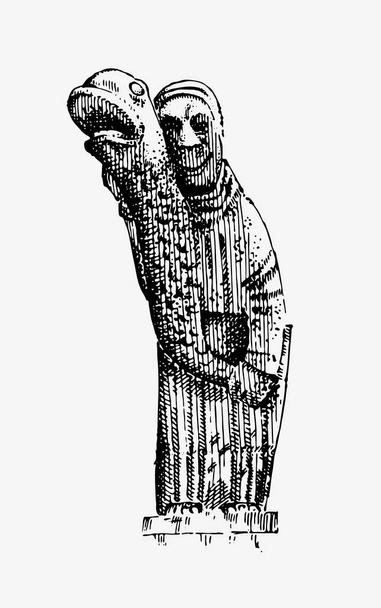 Gargulec Chimera z Notre-Dame de Paris, grawerowane, wektor ilustracja z gotyckim opiekunów obejmują elementy architektoniczne, starodawny statua średniowieczny - Wektor, obraz