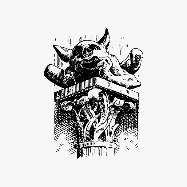 Gárgola Quimera de Notre-Dame de París, ilustración vectorial grabada, dibujada a mano con guardianes góticos incluyen elementos arquitectónicos, estatua vintage medieval
 - Vector, imagen