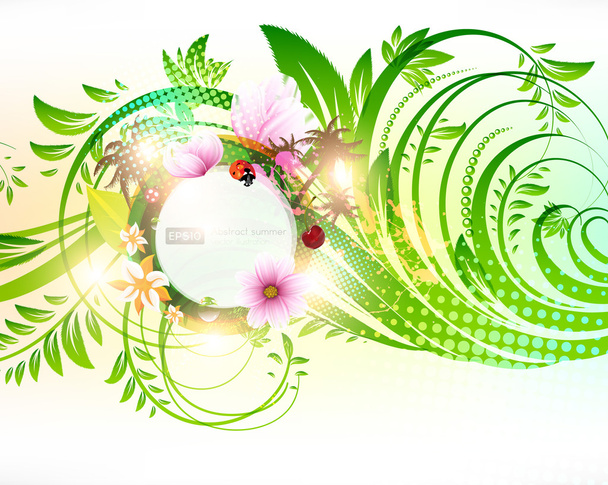 Abstract vector floral summer background with flowers, sun, ladybird, cherry and palms - Vector, afbeelding