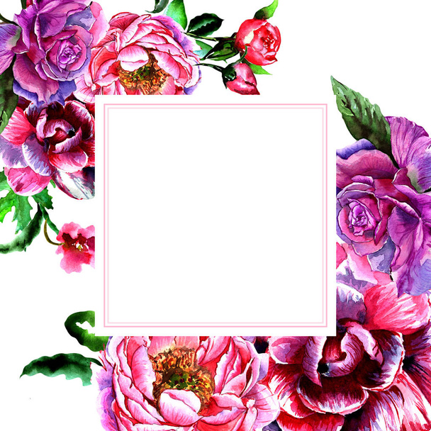 Wildflower peony flower frame in a watercolor style isolated. - Photo, Image