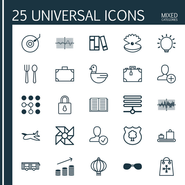 Zestaw 25 Universal ikon edycji. Mogą być używane dla sieci Web, mobilnych i projektowania aplikacji. Zawiera elementy, takie jak portfel, karuzela bagażu, otwarte książki i więcej. - Wektor, obraz
