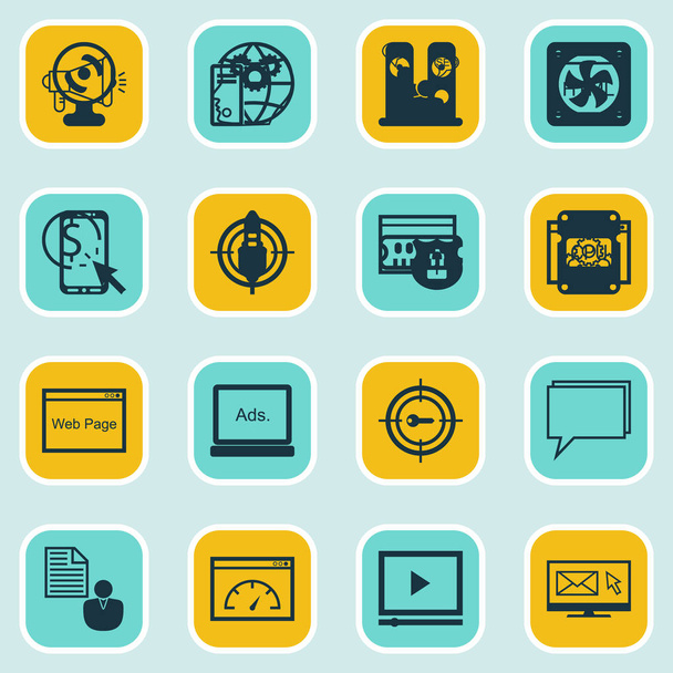 Set Of 16 Marketing Icons. Includes Video Player, Conference, Security And Other Symbols. Beautiful Design Elements. - Vector, Imagen