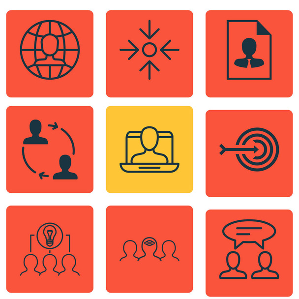 Set Of 9 Business Management Icons. Includes Social Profile, Collaborative Solution, Business Aim And Other Symbols. Beautiful Design Elements. - Vector, Image