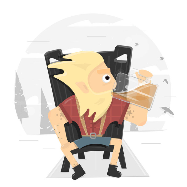 Viking on a throne drinking a large mug of beer. The logo for the bar. Illustration for pubs. Character to design the restaurants menu. - Διάνυσμα, εικόνα