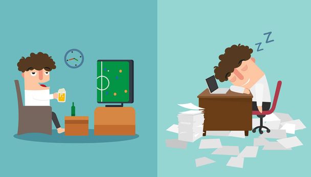 The guy sleeping  late and taking a nap during work illustration - Vector, Image