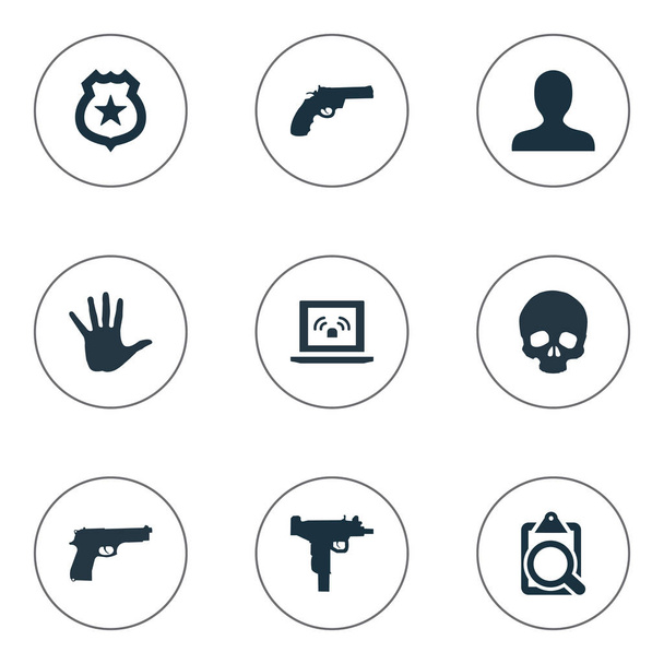 Vector Illustration Set Of Simple Offense Icons. Elements Person, Pistol, Weapon And Other Synonyms File, Gun And Danger. - Vector, Image