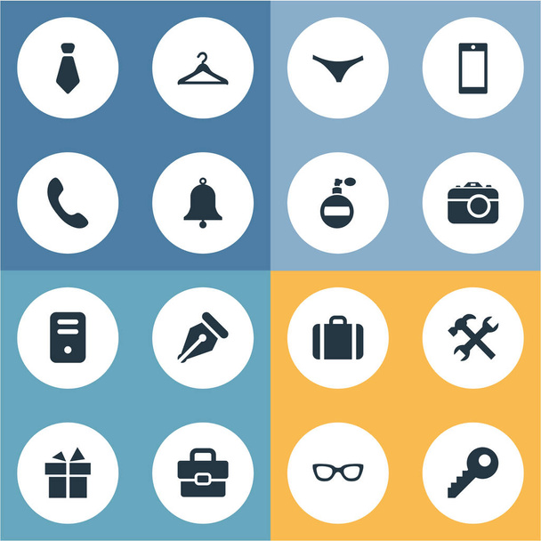 Vector illustratie Set van eenvoudige iconen. Elementen aanwezig, mobiele telefoon, brillen en andere belangrijke synoniemen, tas en parfum. - Vector, afbeelding