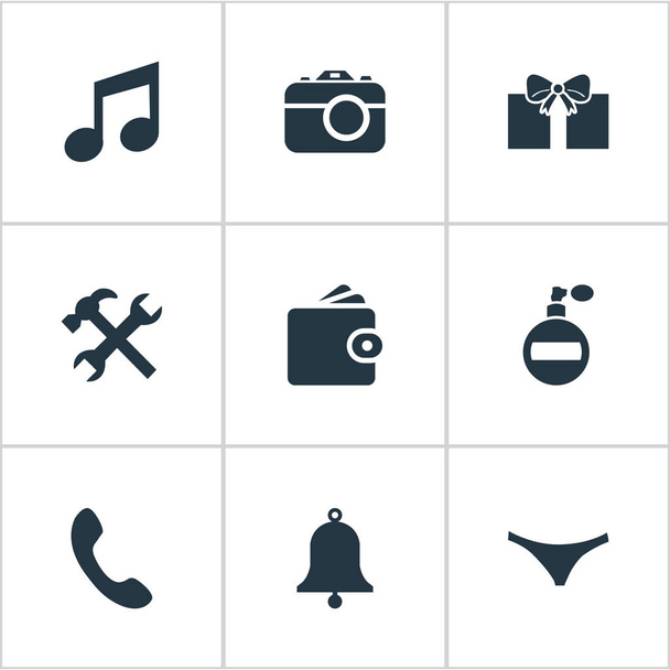 Ilustración vectorial Conjunto de iconos simples. Botón de llamada de elementos, reparación, ropa interior y otros sinónimos Bell, ropa interior y teléfono
. - Vector, Imagen