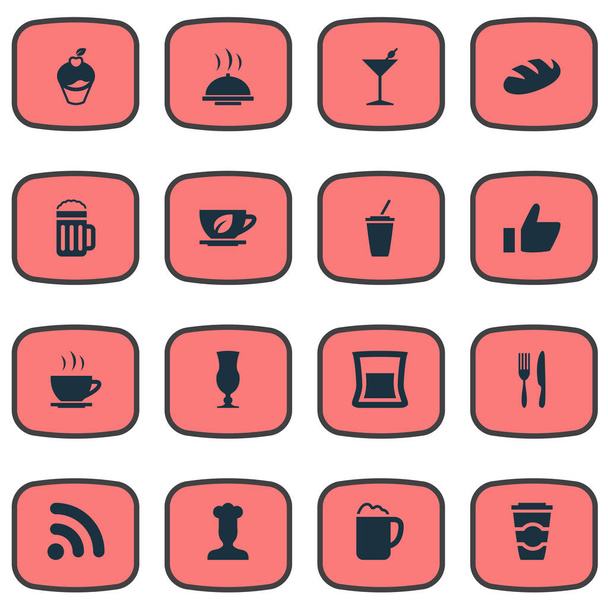 Vector illustratie Set van eenvoudige Cafe iconen. Elementen glas, voedsel lade, gastronomie en andere synoniemen afhaalmaaltijden, Alcohol en Martini. - Vector, afbeelding