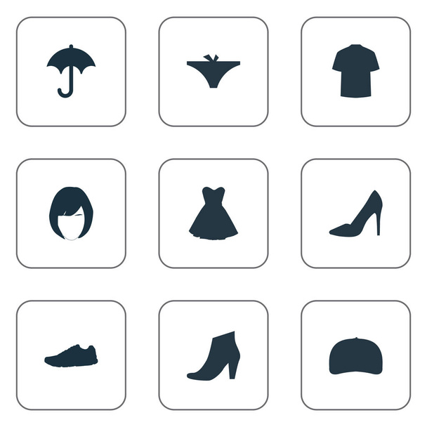 Illustration vectorielle Ensemble d'icônes de vêtements simples. Éléments Culotte, Brolly, Mousse d'exercice et autres Synonymes Talon, course et haut
. - Vecteur, image