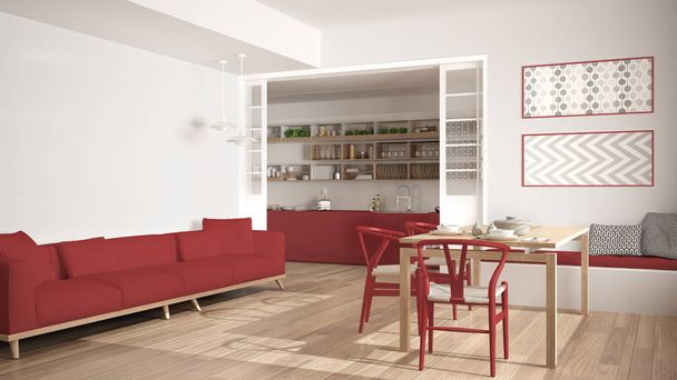 minimalistische Küche und Wohnzimmer mit Sofa, Tisch und Stühlen,  - Foto, Bild