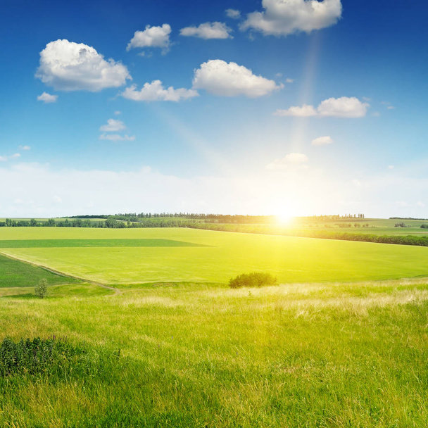 hilly terrain, spring field and sunrise on blue sky - Photo, Image