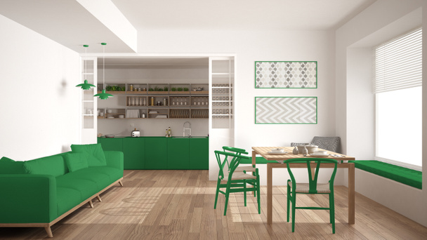 minimalistische Küche und Wohnzimmer mit Sofa, Tisch und Stühlen,  - Foto, Bild