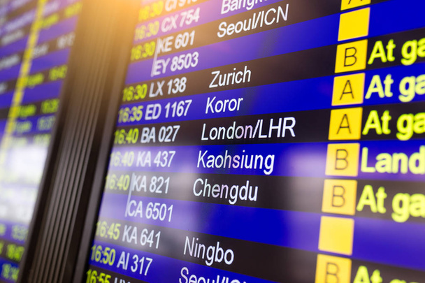 Anzeigetafel für Abflüge am Flughafenterminal - Foto, Bild