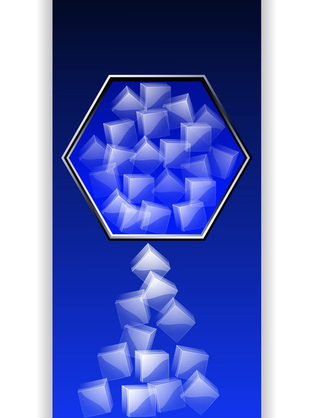 Zeshoek grens met ijsblokjes over donker blauwe paneel - Vector, afbeelding