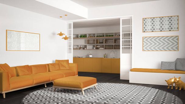 Минималистская гостиная с диваном, большой круглый ковер и кухня на заднем плане, белый и желтый современный дизайн интерьера
 - Фото, изображение