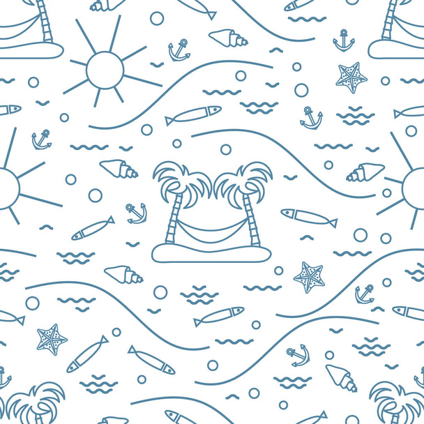 Cute seamless pattern with fish, island with palm trees and a ha - Vecteur, image