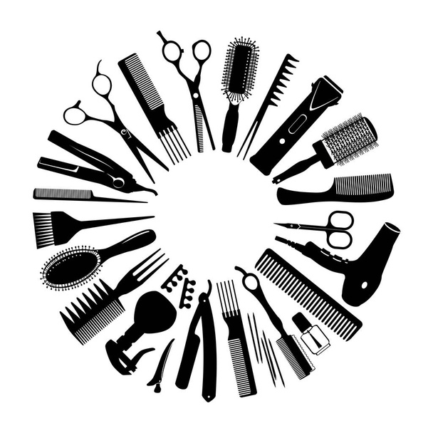 las siluetas de las herramientas para el peluquero en el círculo
 - Vector, Imagen