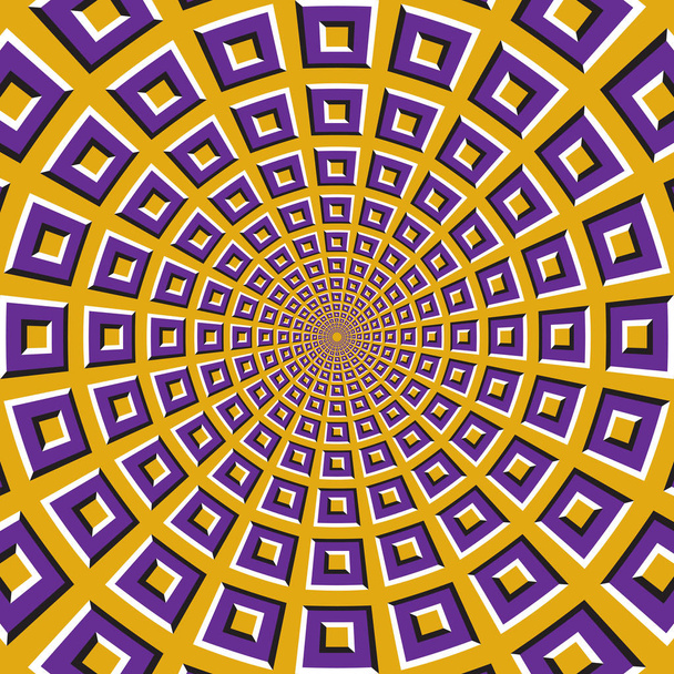 Optinen liikeilluusio tausta. Violetti neliöt lentää toisistaan pyöreästi keskustasta keltaisella pohjalla
. - Vektori, kuva