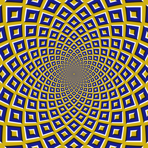 Optical motion illusion background. Blue squares fly apart circularly from the center on yellow background. - Vector, Image