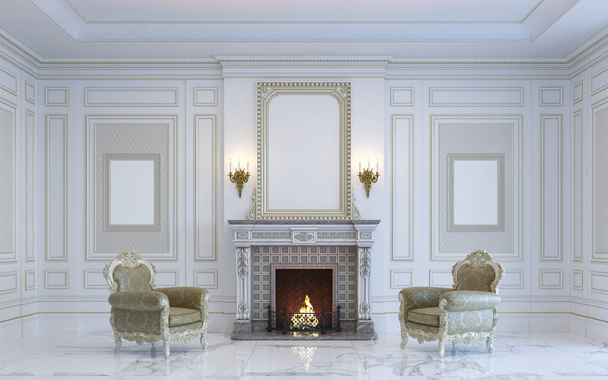 ein klassisches Interieur ist in hellen Tönen mit Kamin. 3D-Darstellung. - Foto, Bild