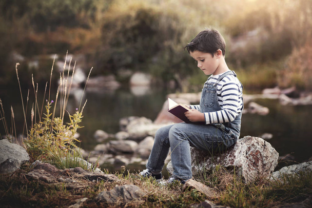 Child sitting reading a book in the field - Photo, Image